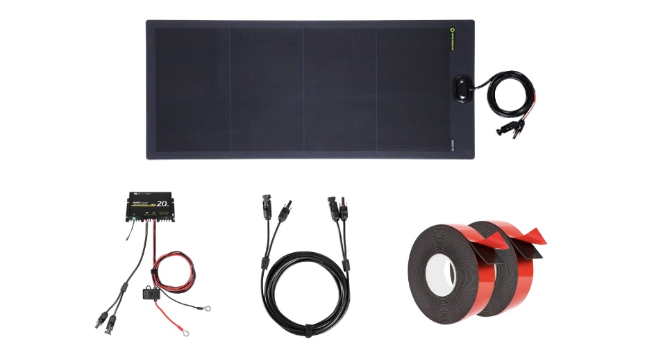 Lensun Hood Solar Kit flat lay with panel, controller, wiring and accessories